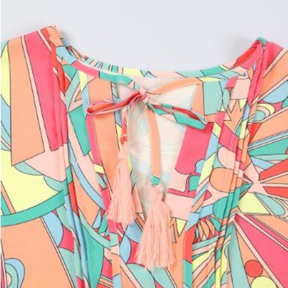 Multicolor Abstract Geometric Print Tassel Tie Flared Dress - Picture 4 of 6